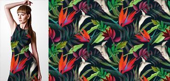 09037 Materiał ze wzorem malowane duże tropikalne kwiaty (strelicja,cantedeskia) i egzotyczne liście